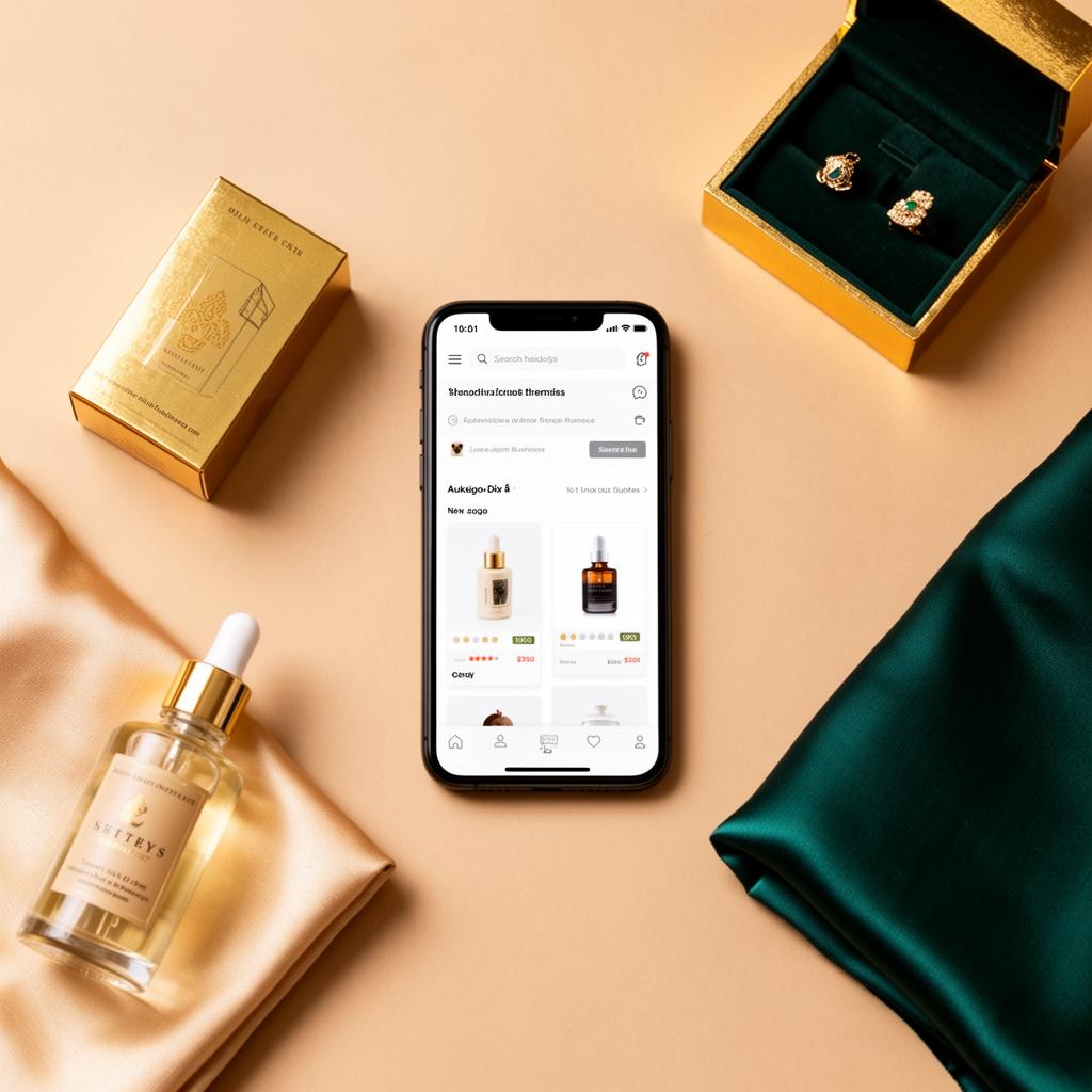 A premium Indian online store: smartphone showcasing a branded storefront surrounded by skincare, jewellery and fabric products